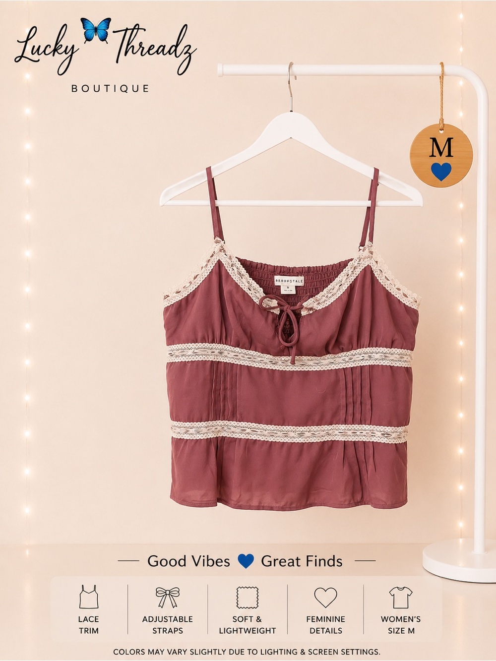 Aeropostale Dusty Rose / Mauve Lace Trim Cami Top M